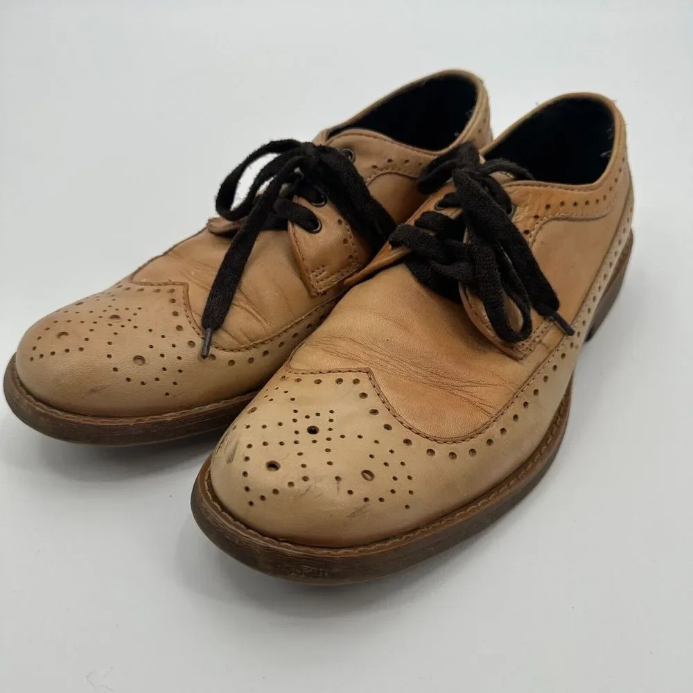 Bedstu Imperfect Oxfords Dress Shoes Mens 9.5 Tan Leather Wingtip Round Toe Lace